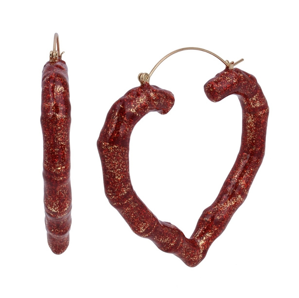 Betsey Johnson Glitter Bamboo Heart Hoop Earrings